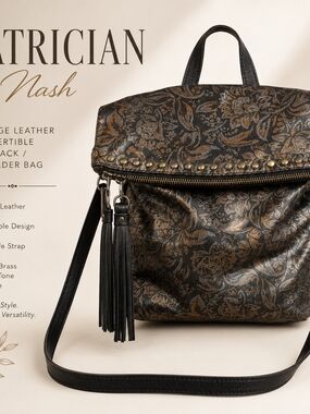 Patricia Nash Black and Bronze Floral Convertible Leather Backpack